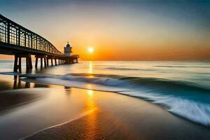 foto fondo de pantalla el cielo, mar, playa, muelle, amanecer, el océano, el playa,. generado por ai