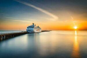 un crucero Embarcacion atracado a el muelle a puesta de sol. generado por ai foto