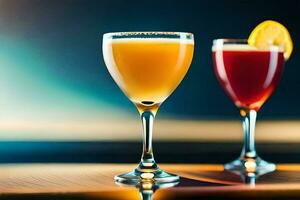 two glasses of different colored drinks sit on a table. AI-Generated photo