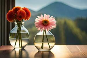 two vases with flowers sitting on a table with mountains in the background. AI-Generated photo