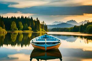 a boat sits on the water at sunset. AI-Generated photo