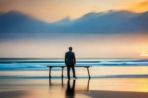 a man in a suit stands on a bench overlooking the ocean. AI-Generated photo