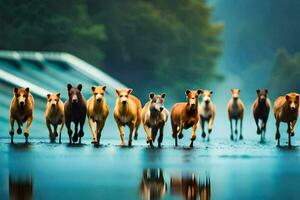 un manada de caballos corriendo mediante un mojado campo. generado por ai foto