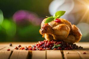 a chicken with berries and leaves on a wooden table. AI-Generated photo