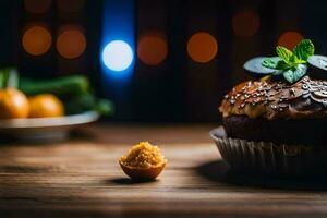 a cupcake sitting on a table with a small piece of fruit. AI-Generated photo