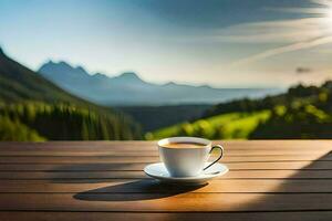 un taza de café en un de madera mesa en el montañas. generado por ai foto