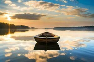 a boat is floating on a calm lake at sunset. AI-Generated photo