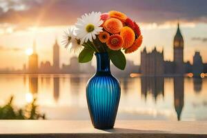 a vase with flowers sitting on a table in front of a city. AI-Generated photo
