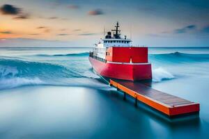 a red tugboat in the ocean at sunset. AI-Generated photo