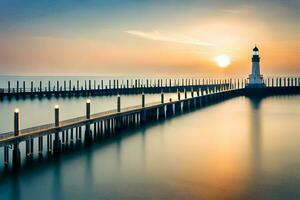 a long exposure photograph of a lighthouse at sunset. AI-Generated photo