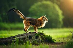 a fox standing on a log in the middle of a field. AI-Generated photo