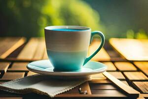 a cup of coffee on a wooden table. AI-Generated photo