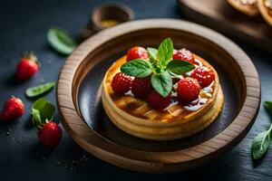 waffles with strawberries and basil leaves on a wooden plate. AI-Generated photo