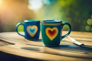 two coffee mugs with hearts painted on them sit on a table. AI-Generated photo