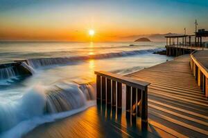 a wooden pier with waves crashing into it at sunset. AI-Generated photo