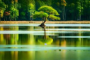 un solitario árbol es reflejado en el agua. generado por ai foto