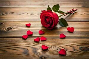 a single red rose on a wooden table with hearts scattered around it. AI-Generated photo