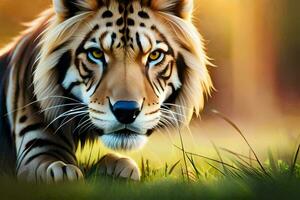 a tiger is walking in the grass. AI-Generated photo