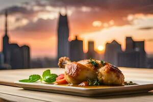 chicken on a plate with a view of the city. AI-Generated photo