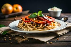 spaghetti with tomatoes and basil on a plate. AI-Generated photo