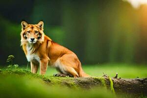 a red wolf sitting on a log in the grass. AI-Generated photo