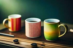 three colorful coffee cups on a wooden tray. AI-Generated photo