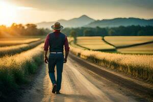 un hombre caminando abajo un suciedad la carretera en el medio de un campo. generado por ai foto