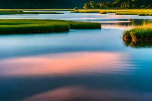 un río con césped y agua a puesta de sol. generado por ai foto