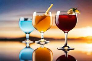 three glasses of different colored drinks on a table. AI-Generated photo