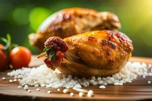 two chicken legs on a wooden cutting board with rice. AI-Generated photo