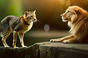 un león y un gato son en pie en un roca. generado por ai foto