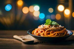 spaghetti with tomato sauce and basil on a wooden table. AI-Generated photo
