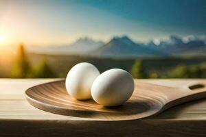 two eggs on a wooden tray with mountains in the background. AI-Generated photo