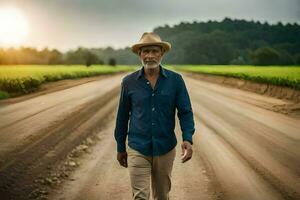 un hombre en un sombrero camina abajo un suciedad la carretera. generado por ai foto