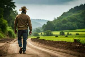 a man in a cowboy hat walking down a dirt road. AI-Generated photo