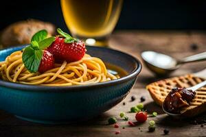 spaghetti with strawberries and bread on a wooden table. AI-Generated photo