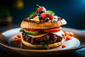 a hamburger with fruit and vegetables on top. AI-Generated photo