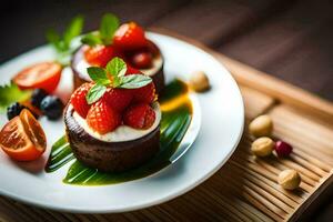 un plato con un postre y Fruta en él. generado por ai foto