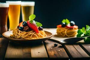 espaguetis con bayas y cerveza en un de madera mesa. generado por ai foto