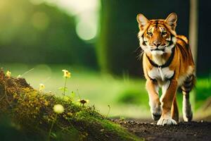 un Tigre caminando en un camino en el bosque. generado por ai foto
