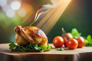 a chicken on a wooden cutting board with tomatoes and herbs. AI-Generated photo
