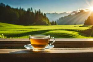 a cup of tea on a wooden table in the mountains. AI-Generated photo