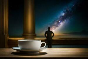 a man in a suit is looking out of a window at the milky way. AI-Generated photo