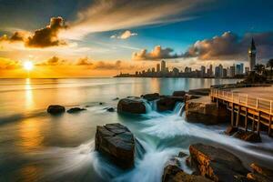 the city skyline is seen in the background as waves crash into the rocks. AI-Generated photo
