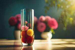 a glass filled with flowers and a vase of flowers. AI-Generated photo