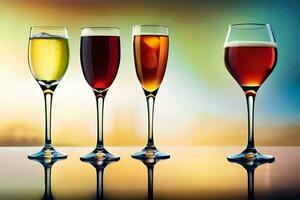 four glasses of different colored drinks are lined up. AI-Generated photo