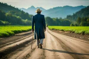 a man in a suit walks down a dirt road. AI-Generated photo