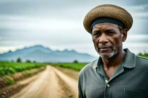 a man wearing a hat stands in front of a dirt road. AI-Generated photo
