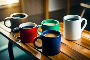 five different colored coffee cups sitting on a wooden table. AI-Generated photo