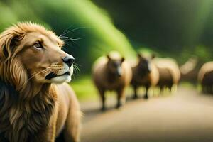 un león soportes en frente de un manada de oveja. generado por ai foto